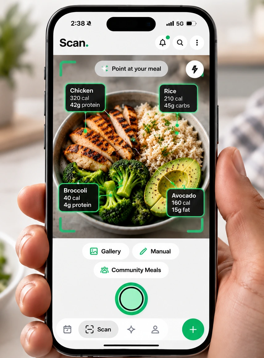 GymTok Scanner identifying chicken, rice, broccoli and avocado on an iPhone